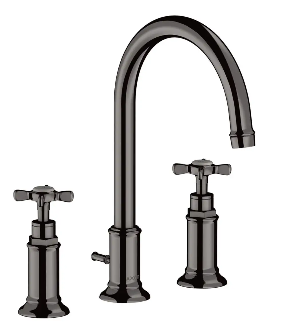 Waschtischarmatur mit zwei Kreuzgriffen und hohem, gebogenem Auslauf in Polished Black Chrome, hergestellt von AXOR. Zugstangen-Ablaufgarnitur integriert.